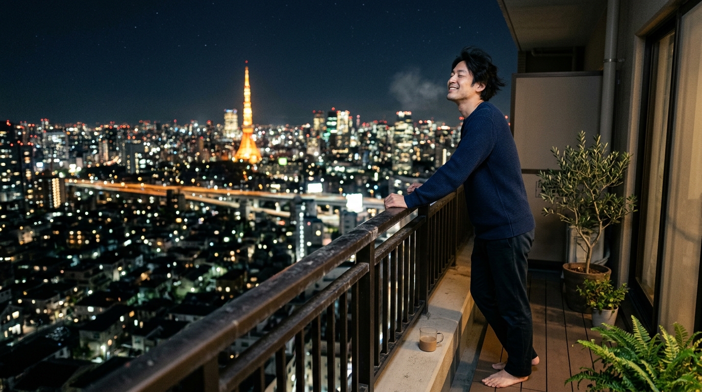 「病院に行かずに済んだ」という安堵感から、夜のベランダで一人夜風に当たりながら深く息を吐く