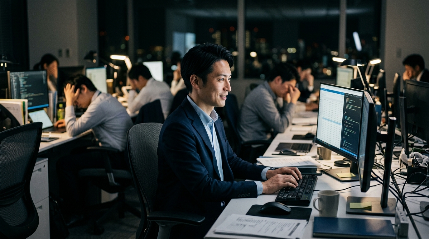 深夜のオフィスで一人タイピングを続ける男性