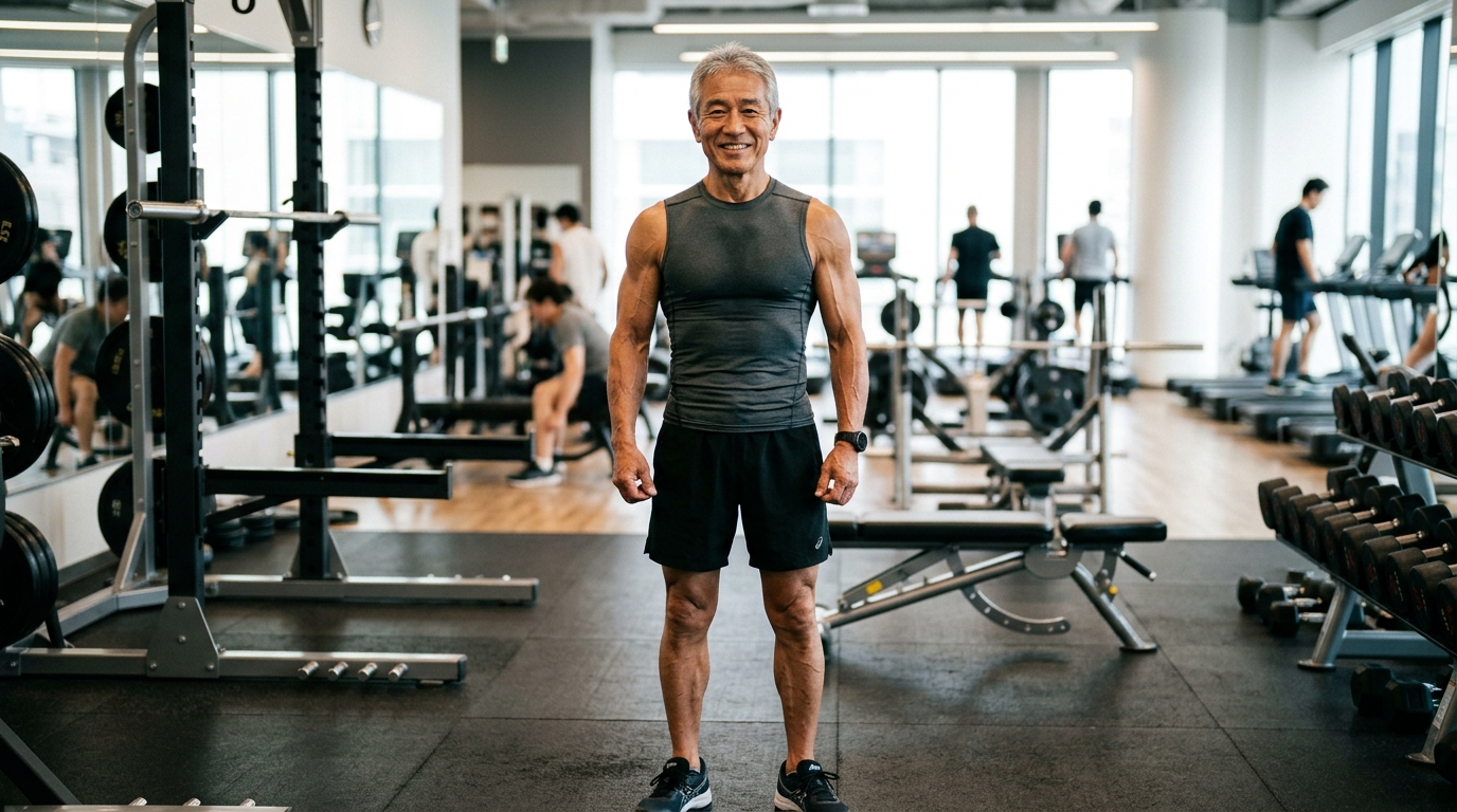 スポーツジムの鏡の前で、年齢を感じさせない引き締まった大胸筋と腕の筋肉を見せつけている