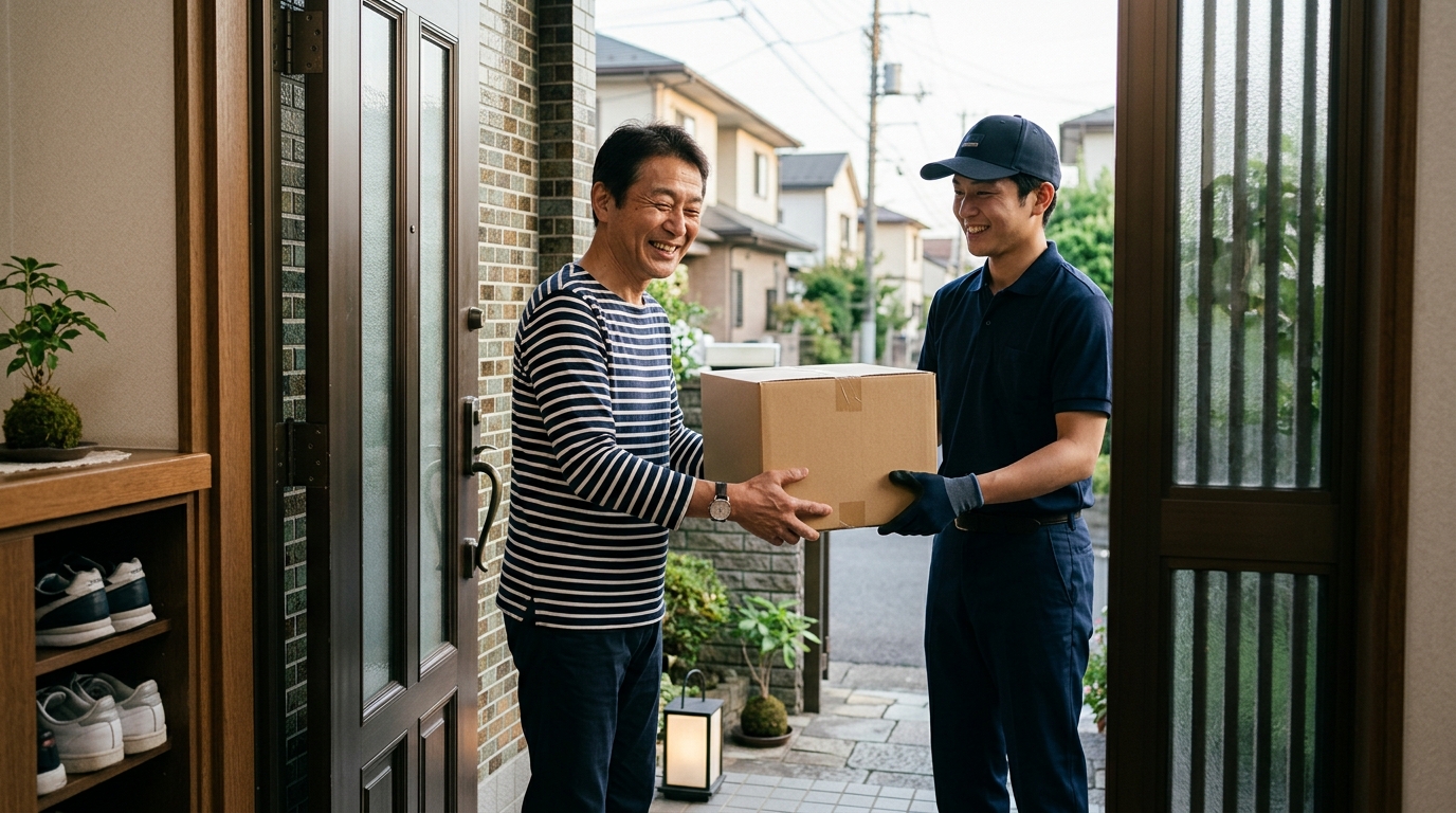 無地の段ボールで商品を受け取る男性
