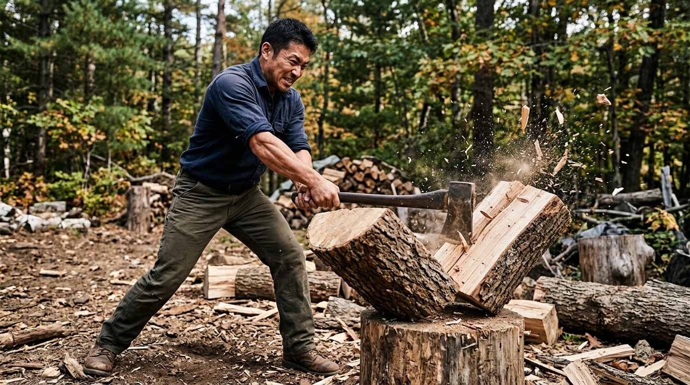 丸太のように太い薪を、斧で力強く真っ二つに割っているアウトドアのシーン