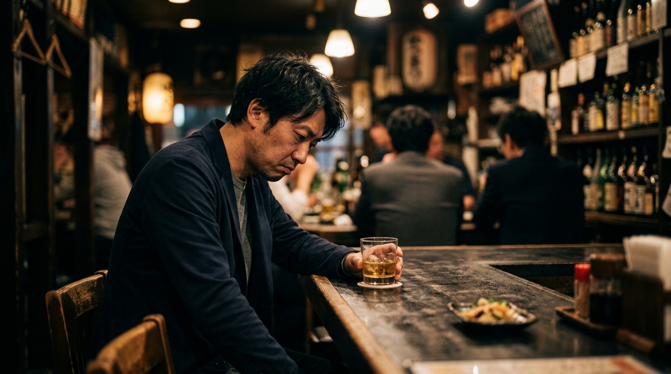 バーのカウンターで一人、女性に声をかけられずグラスを見つめて落ち込んでいる