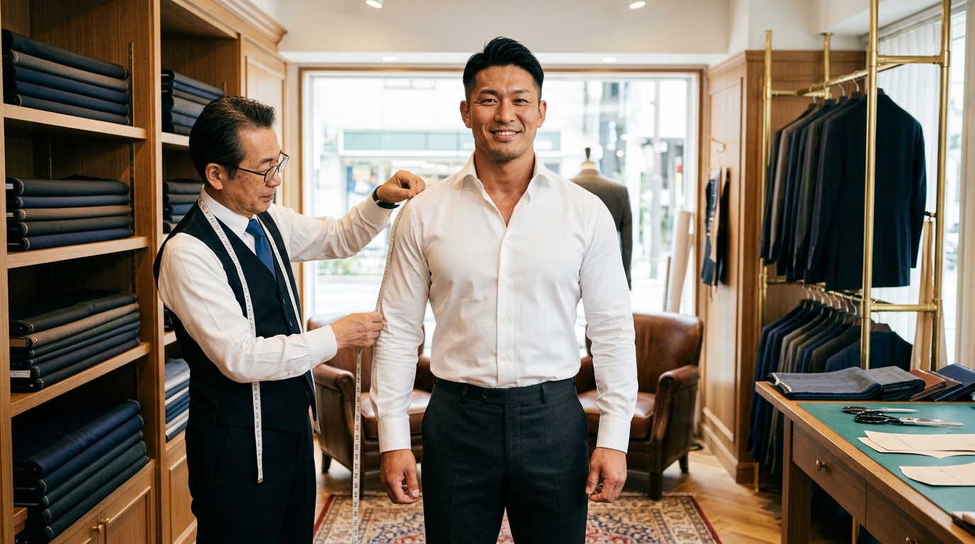 ガッチリとした体格で胸を張る男性