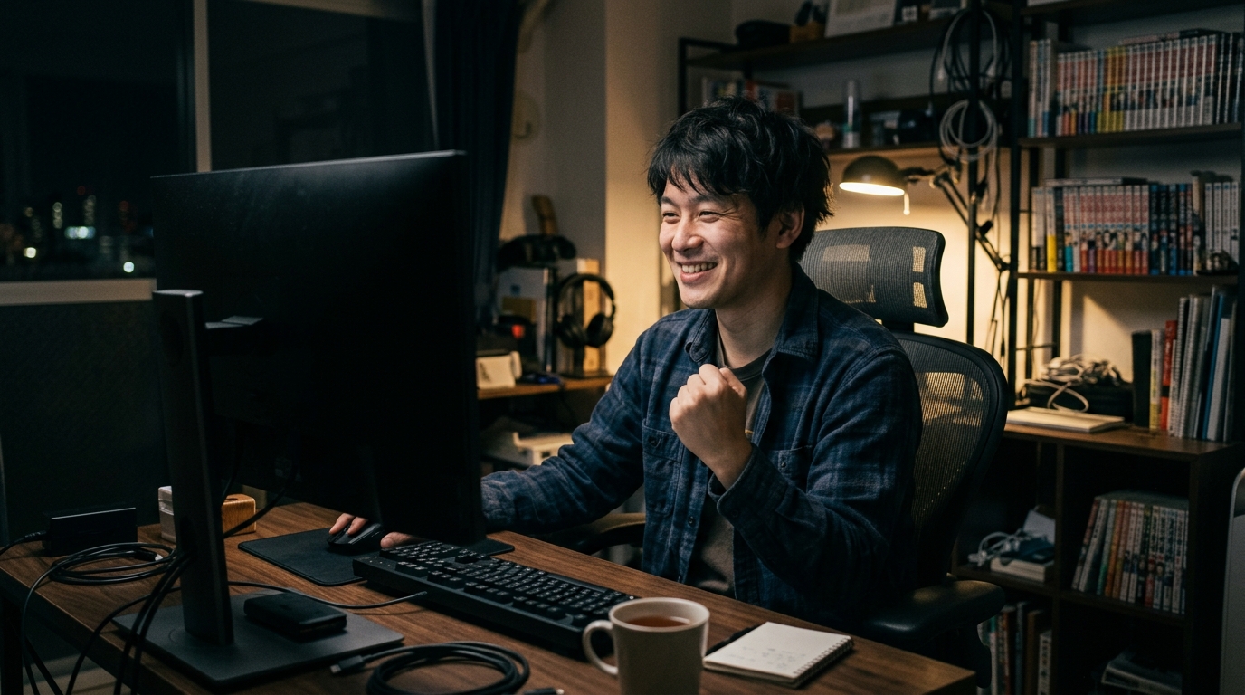 自室のPCで画面を見ながら、クリニックに行かずに結果を得られたことに小さくガッツポーズをしている