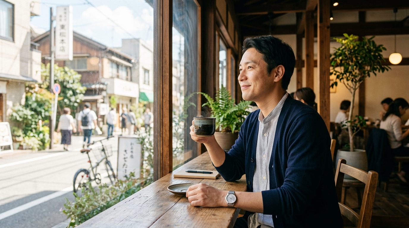 カフェでリラックスしてコーヒーを飲んでいる