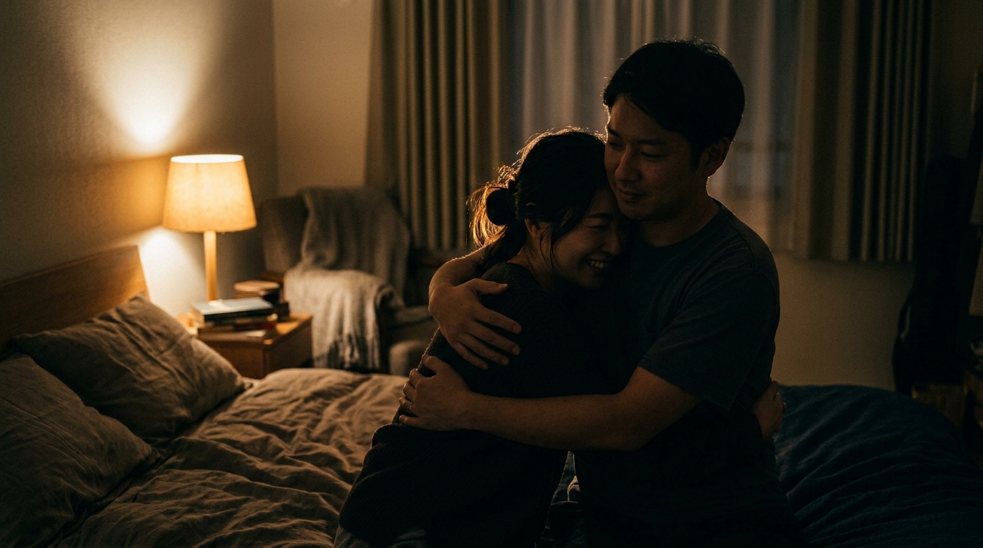 間接照明の灯る寝室で、妻が嬉しそうに夫の胸元に顔をうずめている親密なシルエット