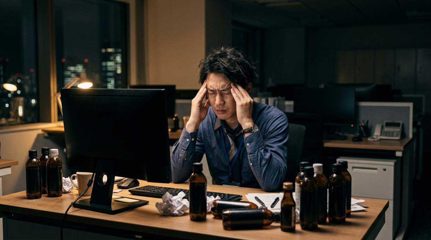 オフィスのPC前で、エナジードリンクの空き瓶を横に置き、こめかみを押さえて疲労困憊の様子