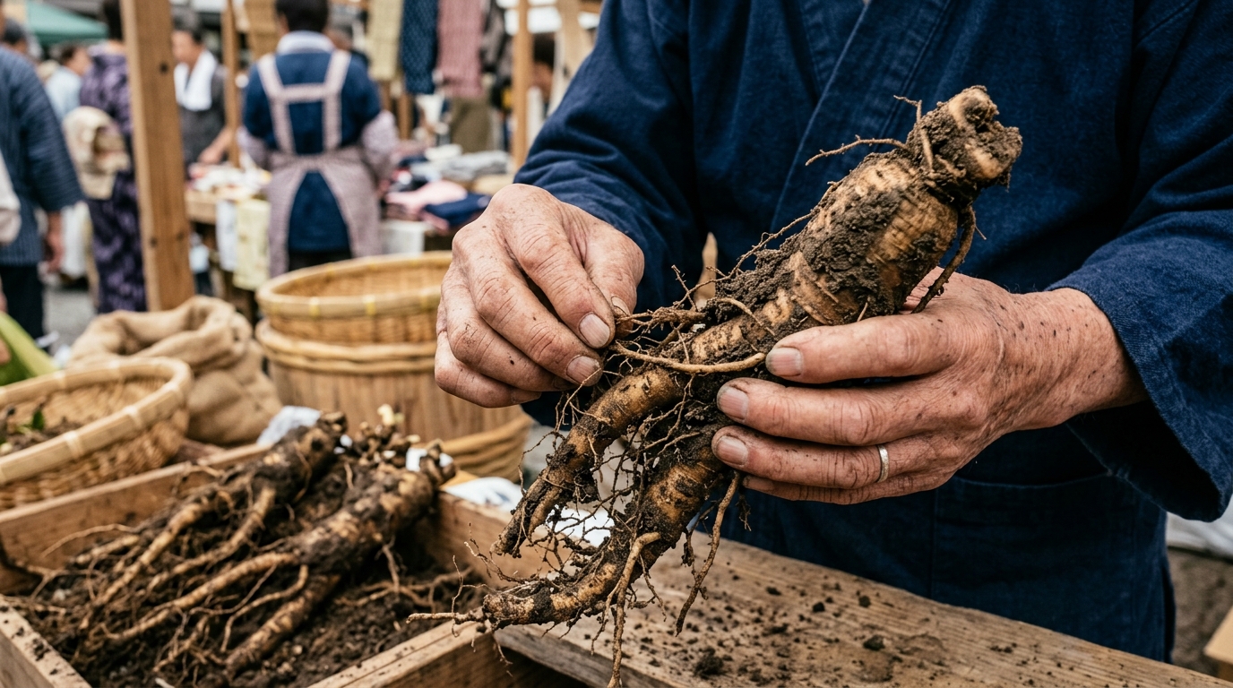 立派な高麗人参を吟味する様子