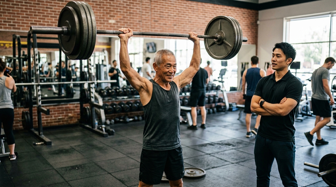 バーベルを軽々と持ち上げる元気な男性