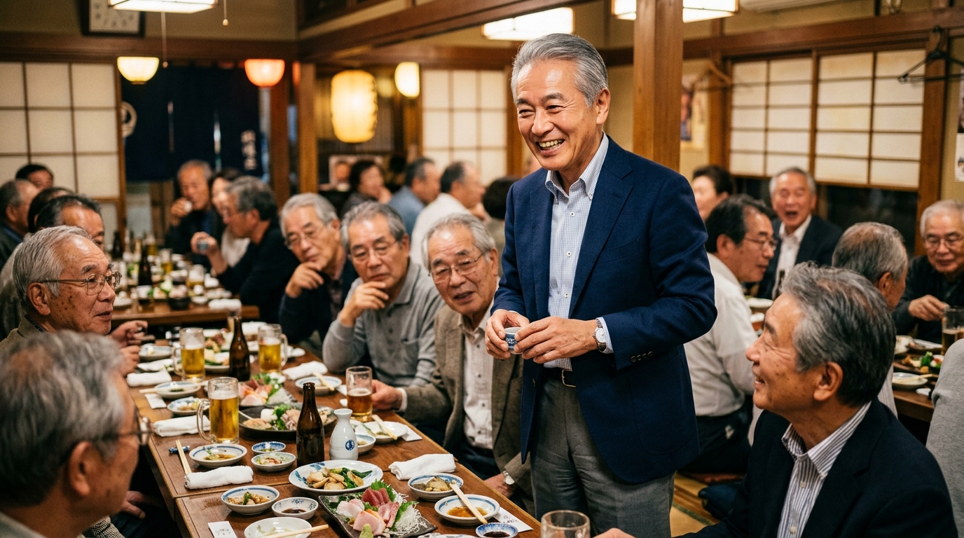 同窓会の席で、同年代の友人たちが老け込む中、一人だけ背筋が伸びてハツラツと笑っている