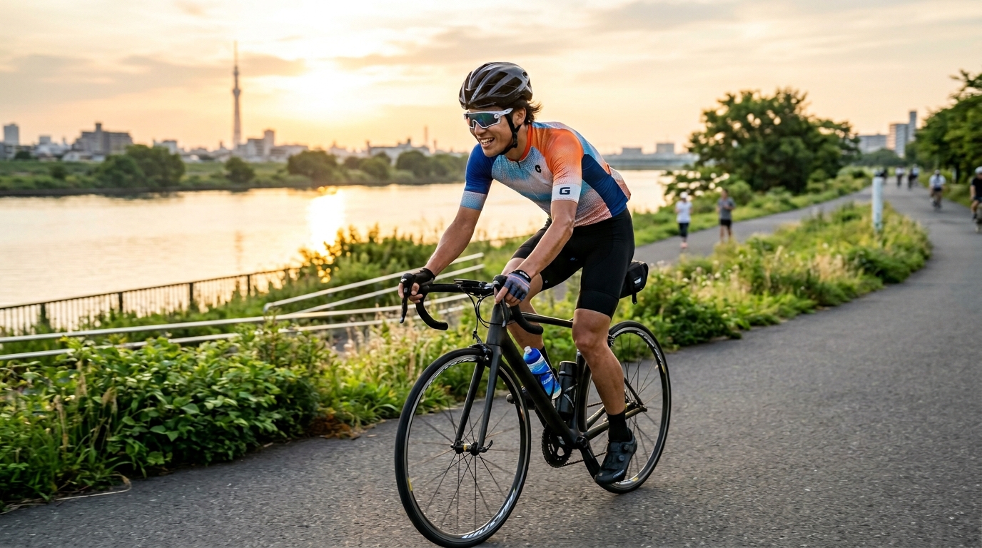 ロードバイクに乗って爽快に河川敷を走っている男性