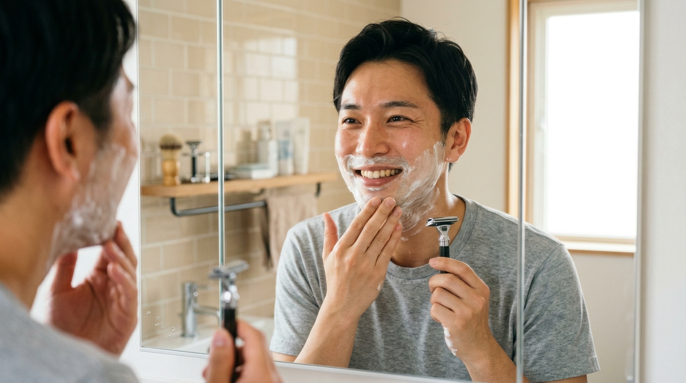 洗面所でヒゲを剃りながら、肌の血色の良さや表情の明るさに気づき、満足げに顎をさする
