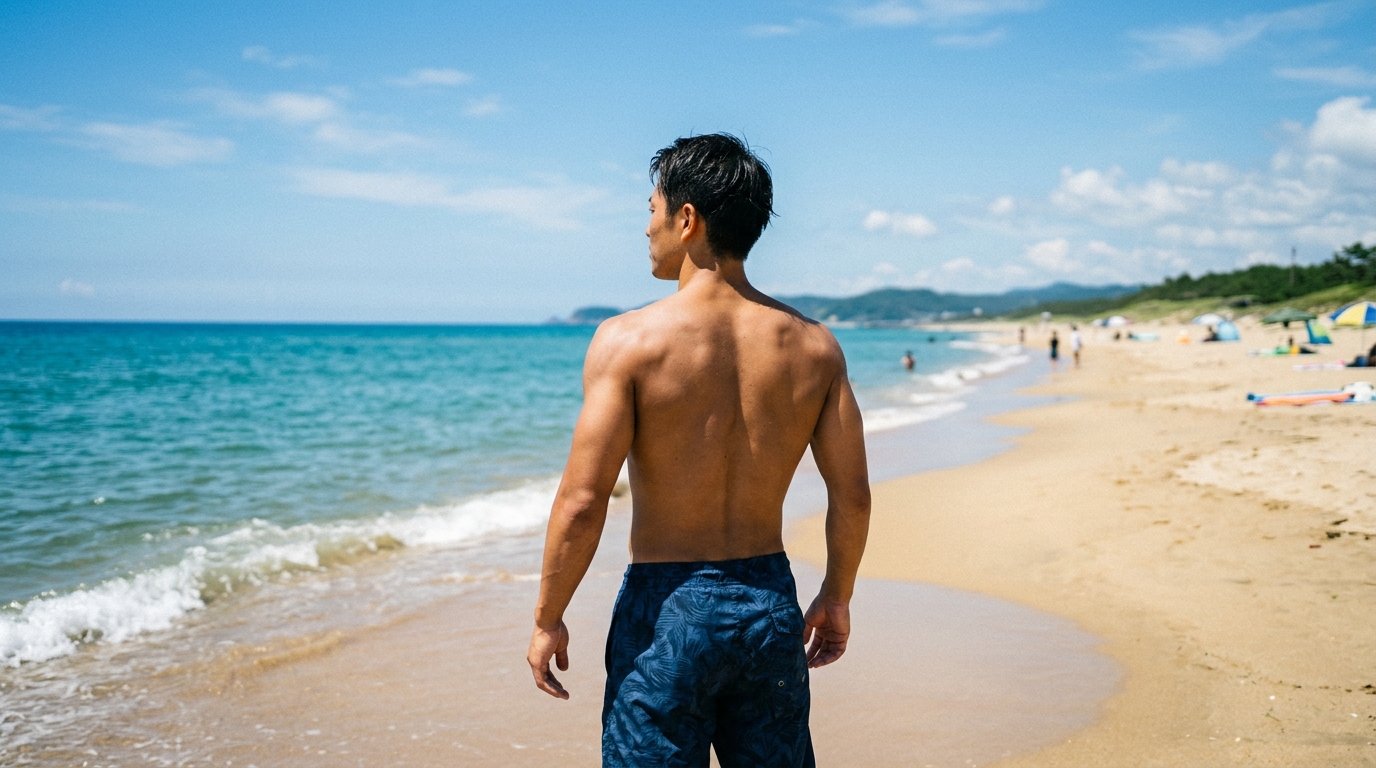 堂々と胸を張って海を眺めている自信に満ちた背中