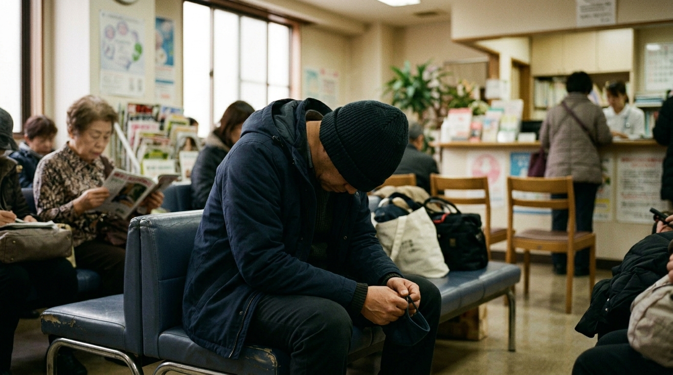 不安を抱えて病院の待合室にいる男性